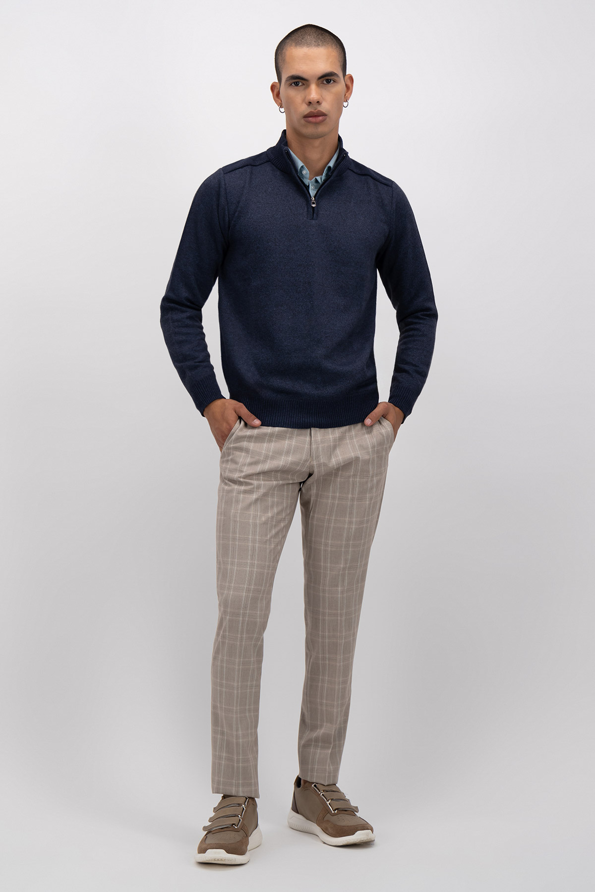Gray pants blue sweater sale
